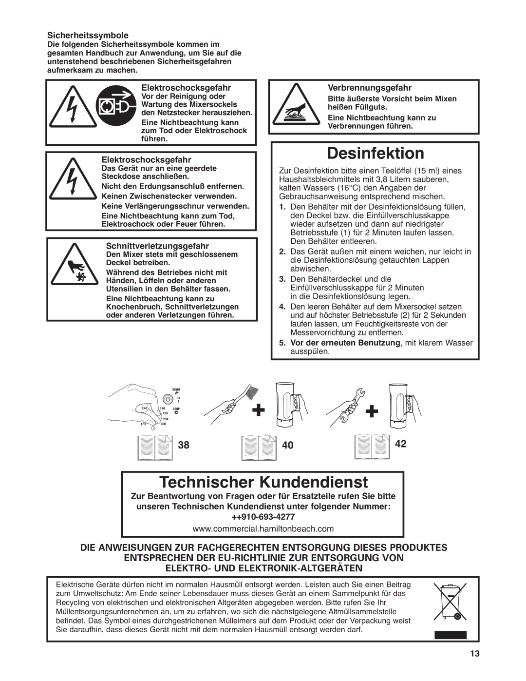 Hamilton Beach HBF400 operation manual Desinfektion, Technischer Kundendienst 