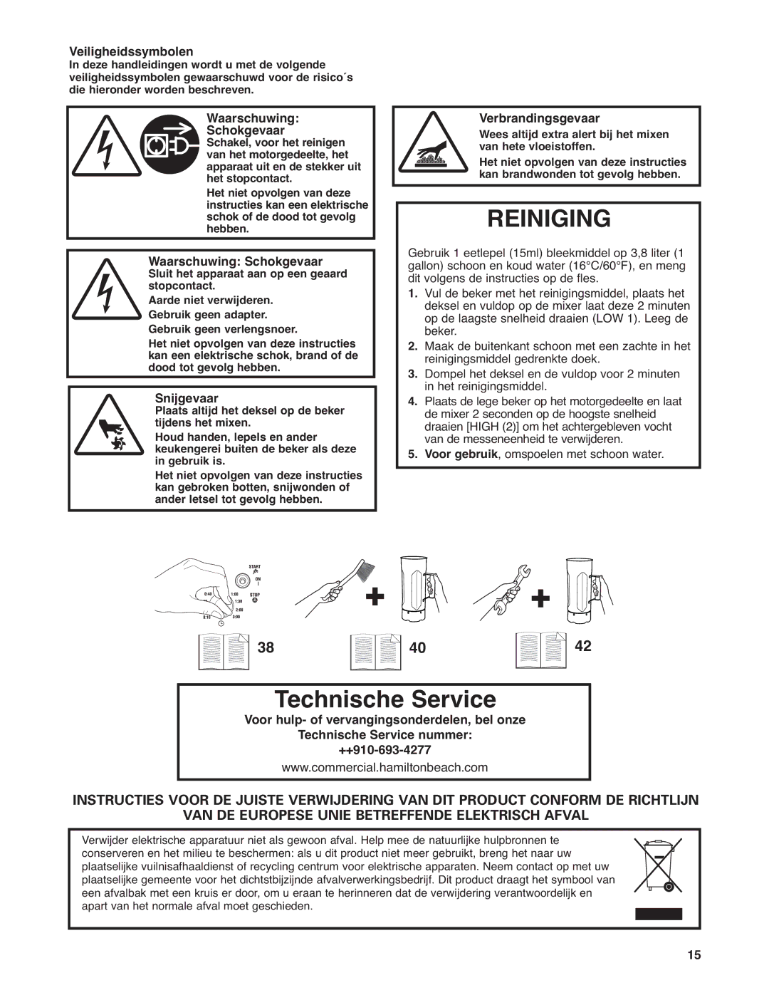 Hamilton Beach HBF400 Technische Service, Veiligheidssymbolen, Waarschuwing Schokgevaar, Snijgevaar, Verbrandingsgevaar 