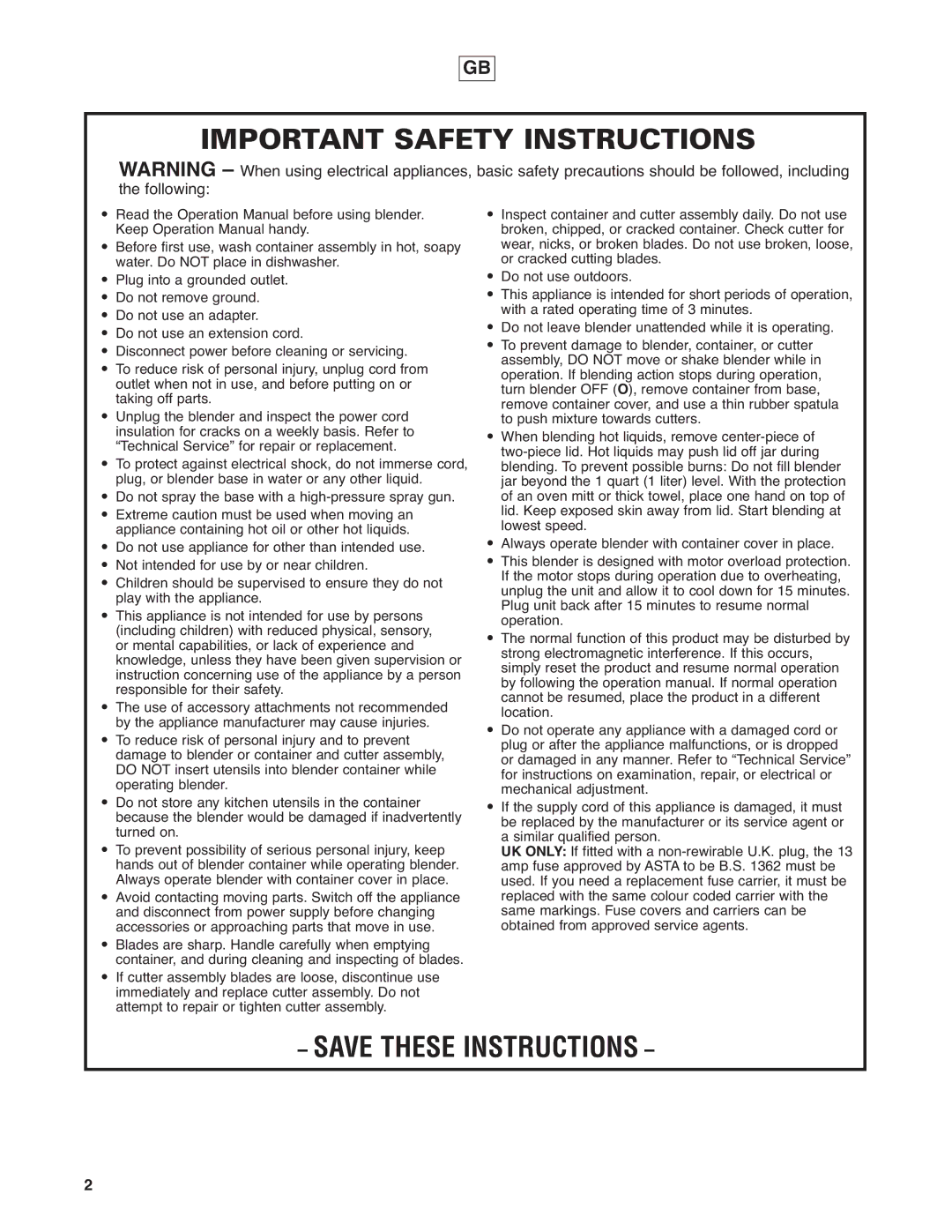 Hamilton Beach HBF400 operation manual Important Safety Instructions, Following 