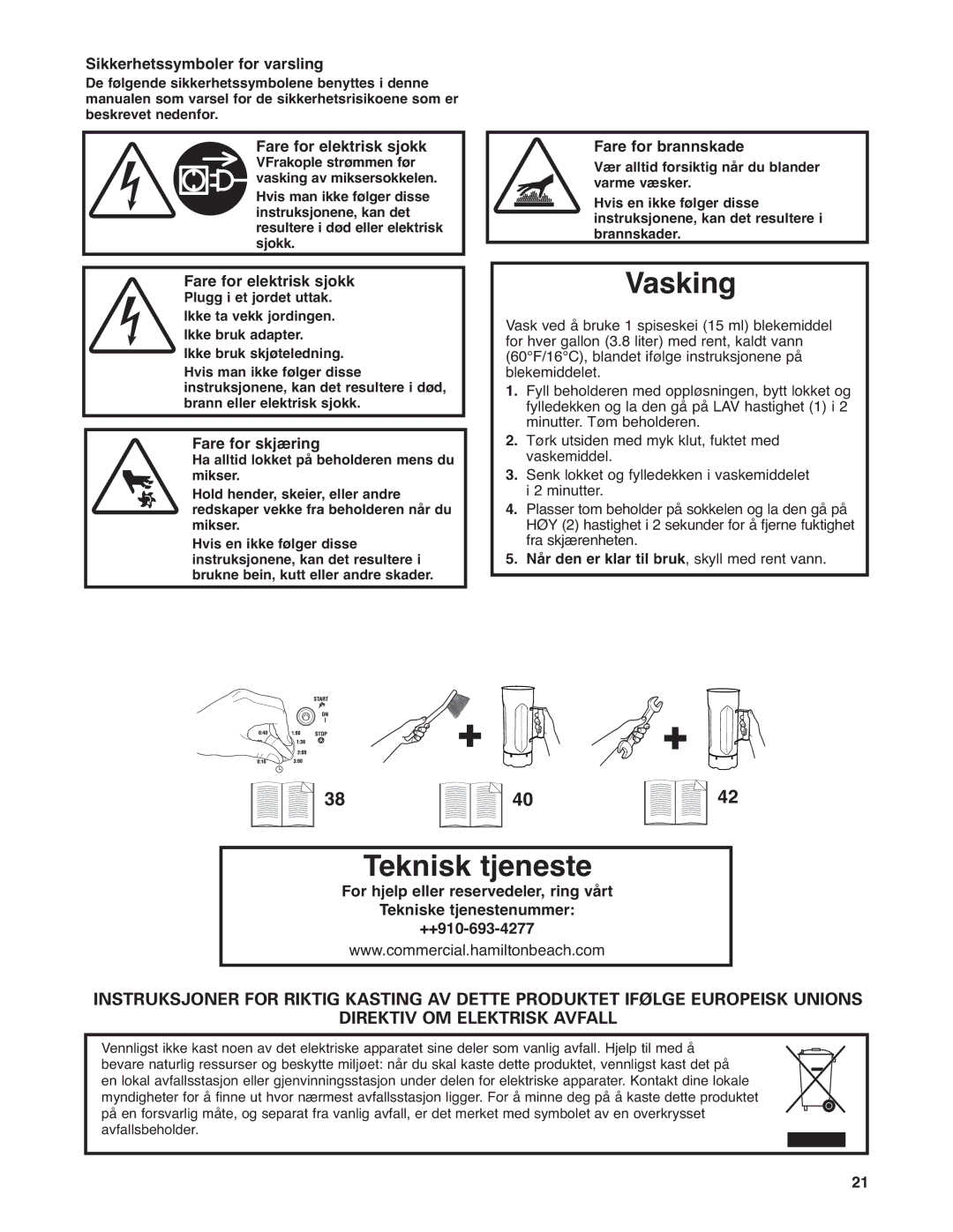 Hamilton Beach HBF400 operation manual Vasking, Teknisk tjeneste 