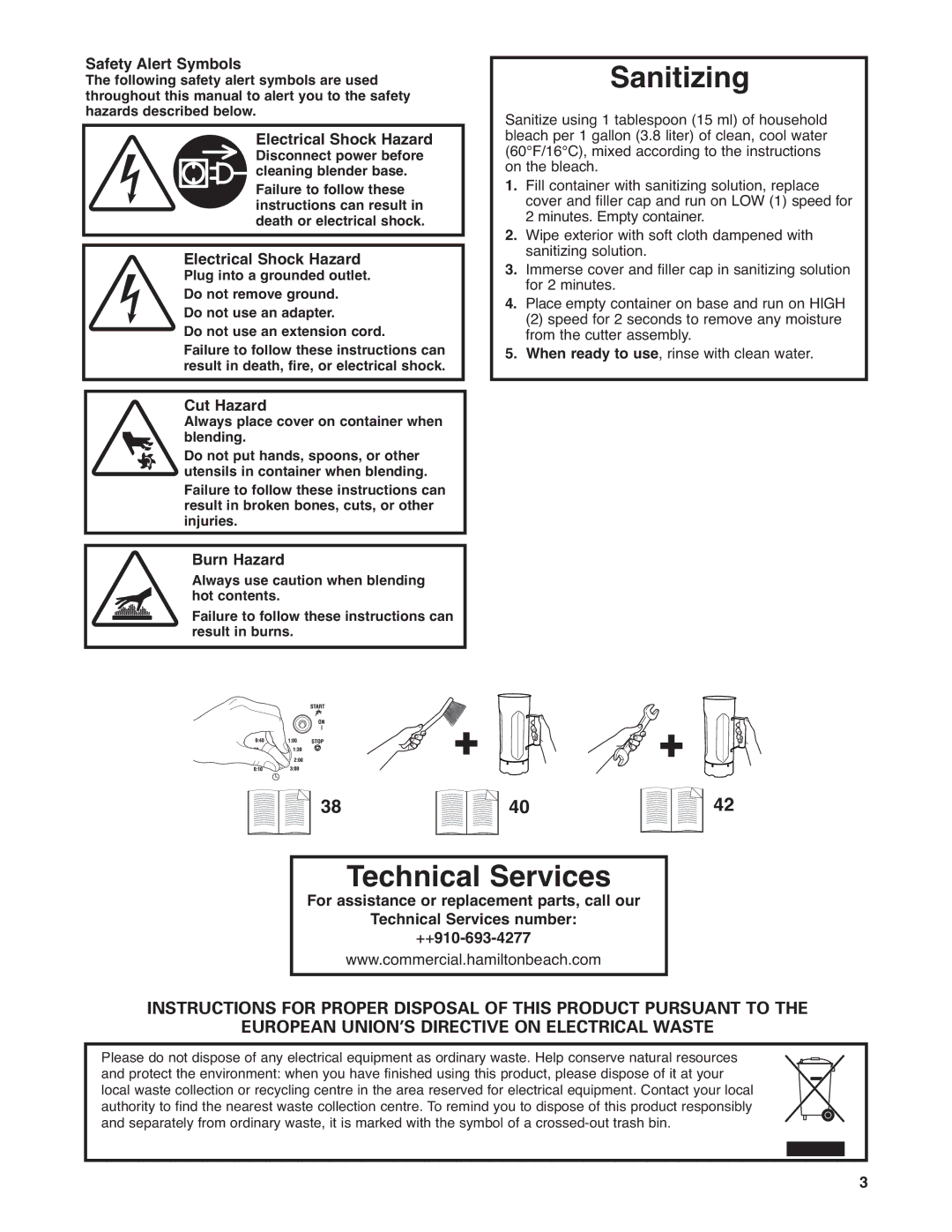 Hamilton Beach HBF400 operation manual Sanitizing, Technical Services 