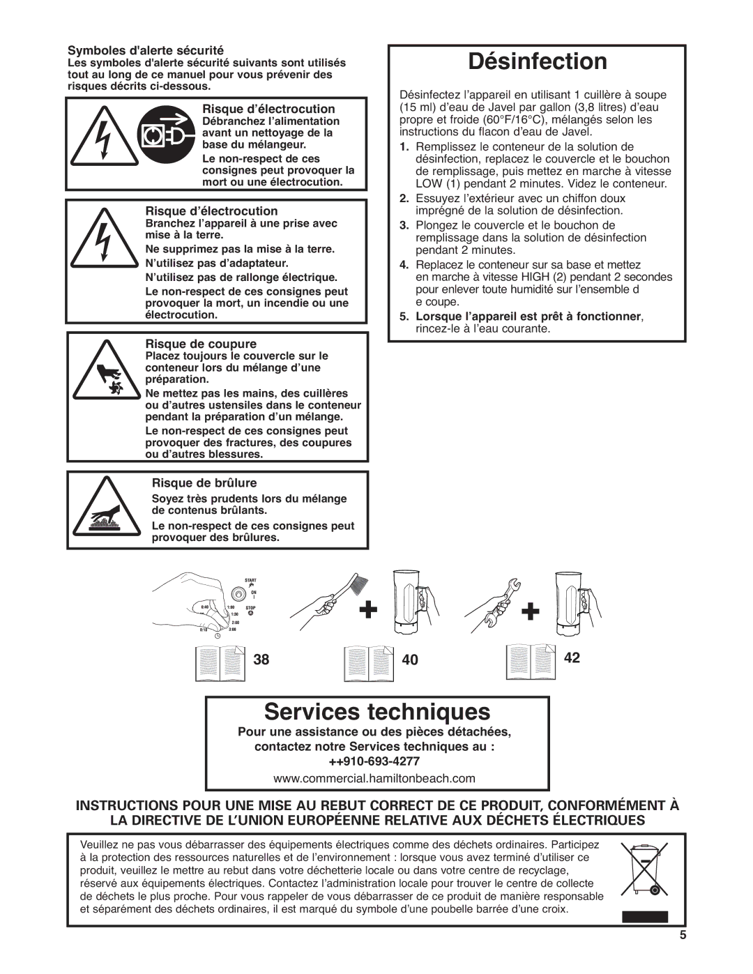 Hamilton Beach HBF400 operation manual Désinfection, Services techniques 