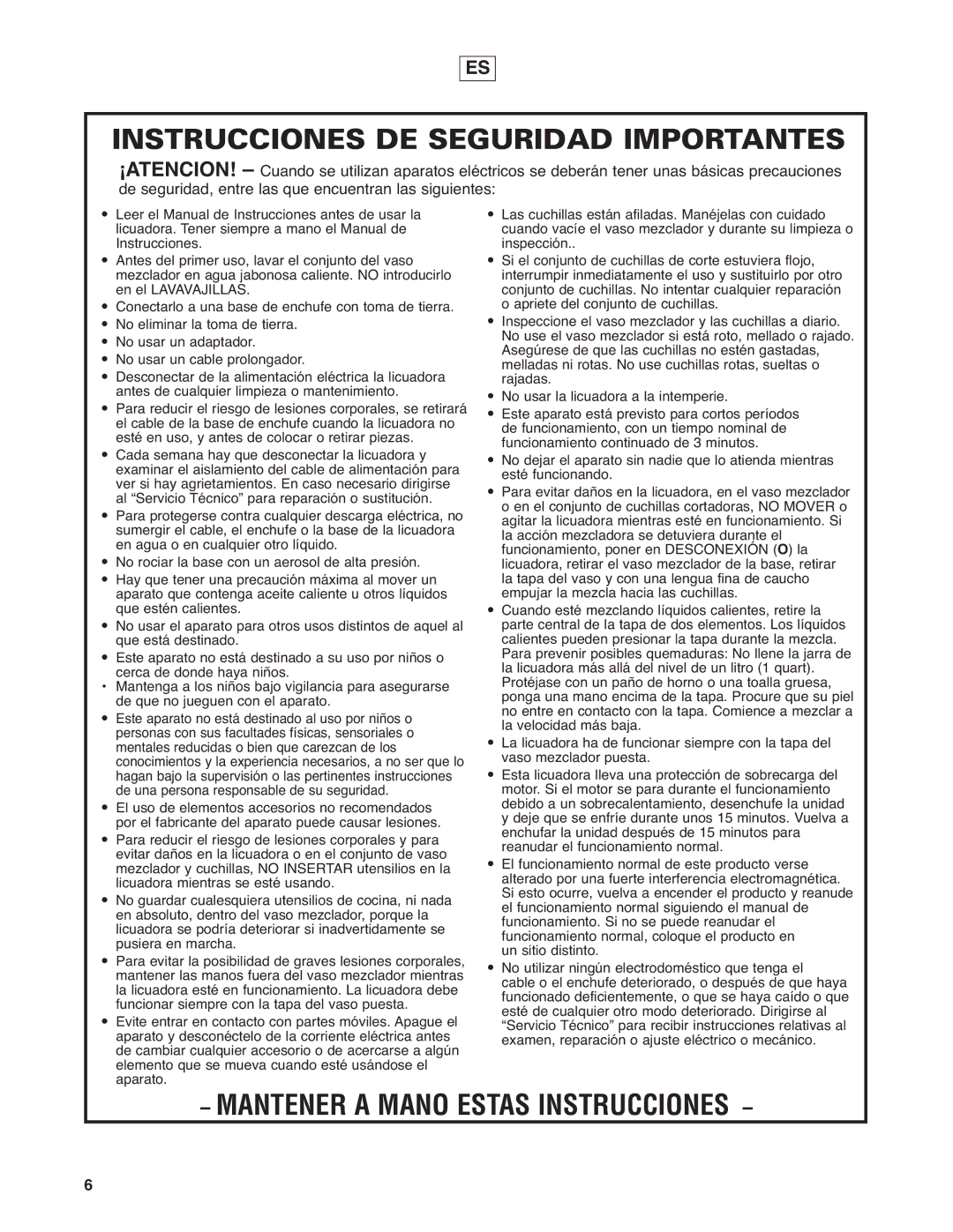 Hamilton Beach HBF400 operation manual Instrucciones DE Seguridad Importantes, Mantener a Mano Estas Instrucciones 