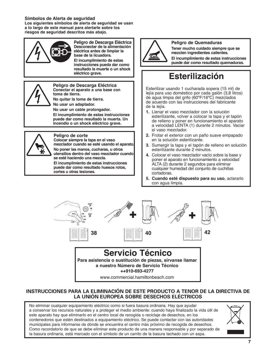 Hamilton Beach HBF400 operation manual Esterilización, Servicio Técnico, Símbolos de Alerta de seguridad, Peligro de corte 