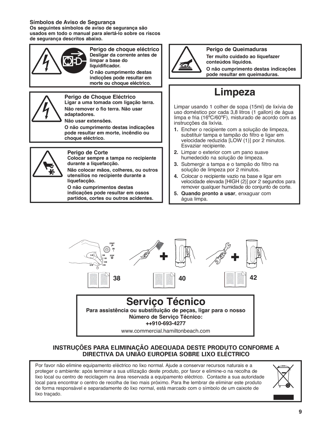 Hamilton Beach HBF400 operation manual Limpeza, Serviço Técnico 