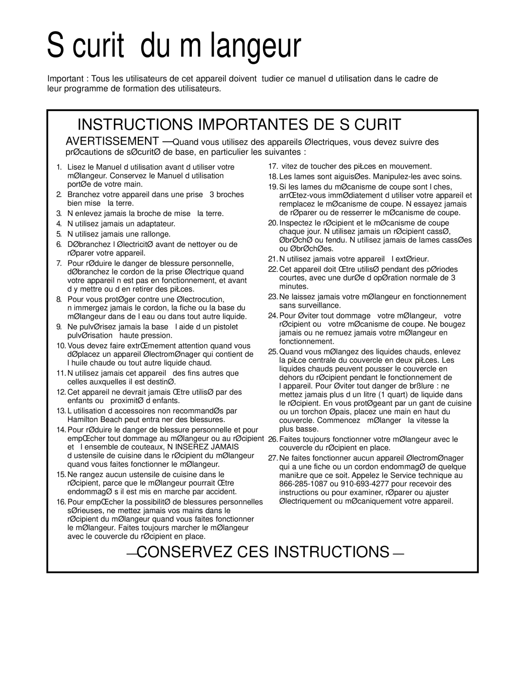 Hamilton Beach HBF400 manuel dutilisation Sécurité du mélangeur, Instructions Importantes DE Sécurité 