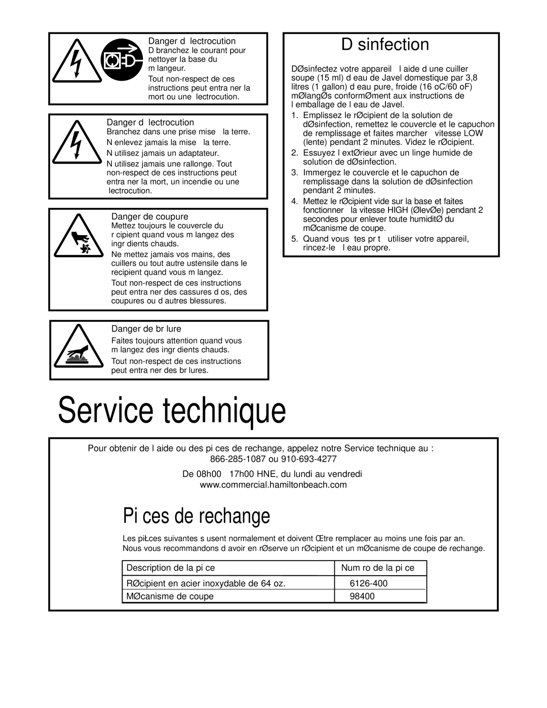 Hamilton Beach HBF400 manuel dutilisation Service technique, Désinfection 