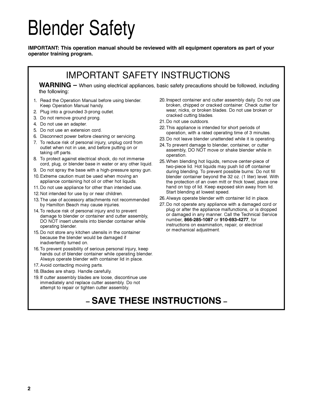 Hamilton Beach HBF400 manuel dutilisation Blender Safety, Important Safety Instructions 