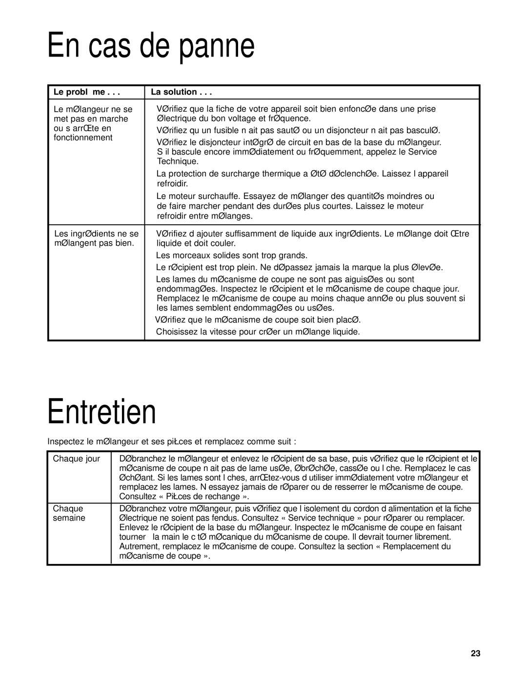 Hamilton Beach HBF400 manuel dutilisation En cas de panne, Entretien 