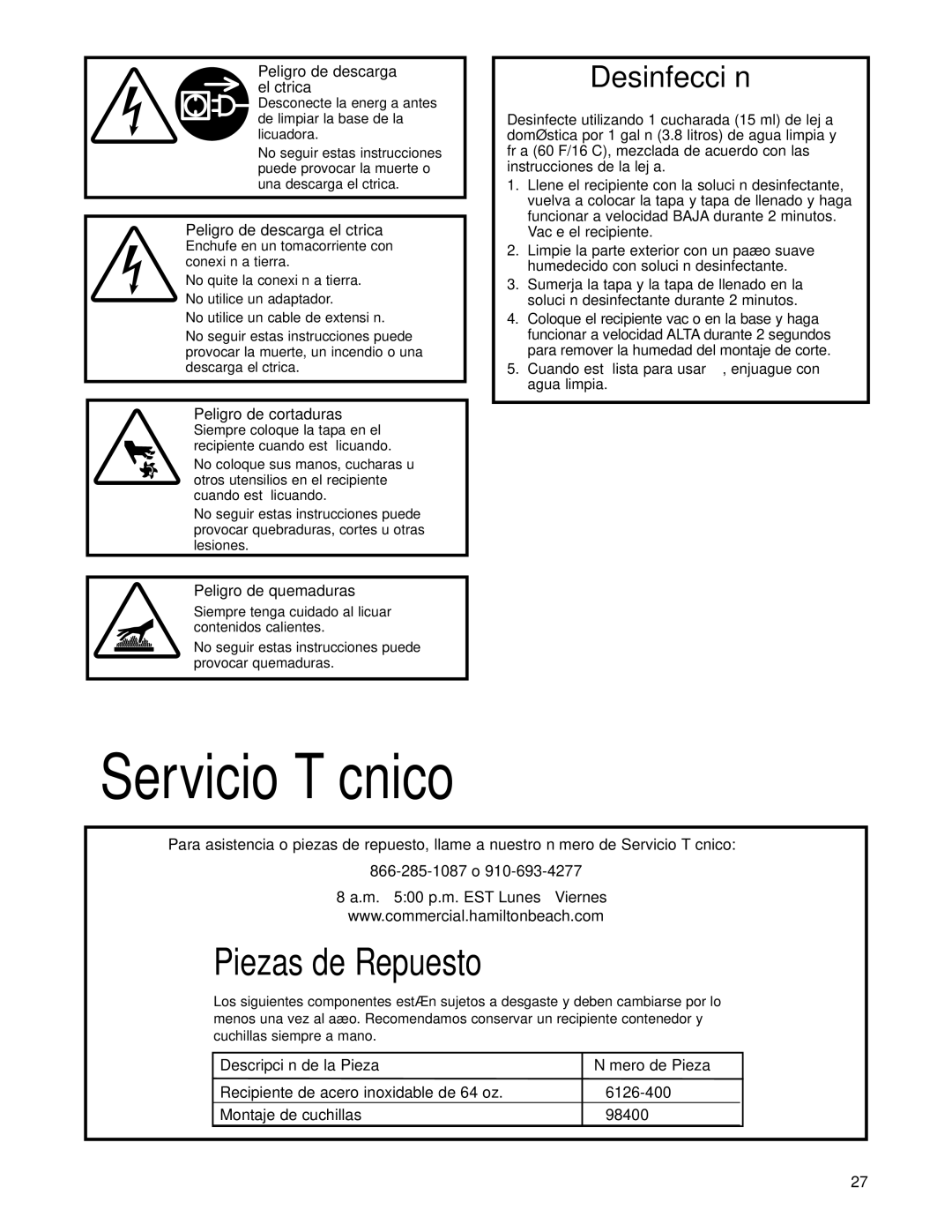 Hamilton Beach HBF400 manuel dutilisation Servicio Técnico, Peligro de descarga eléctrica 