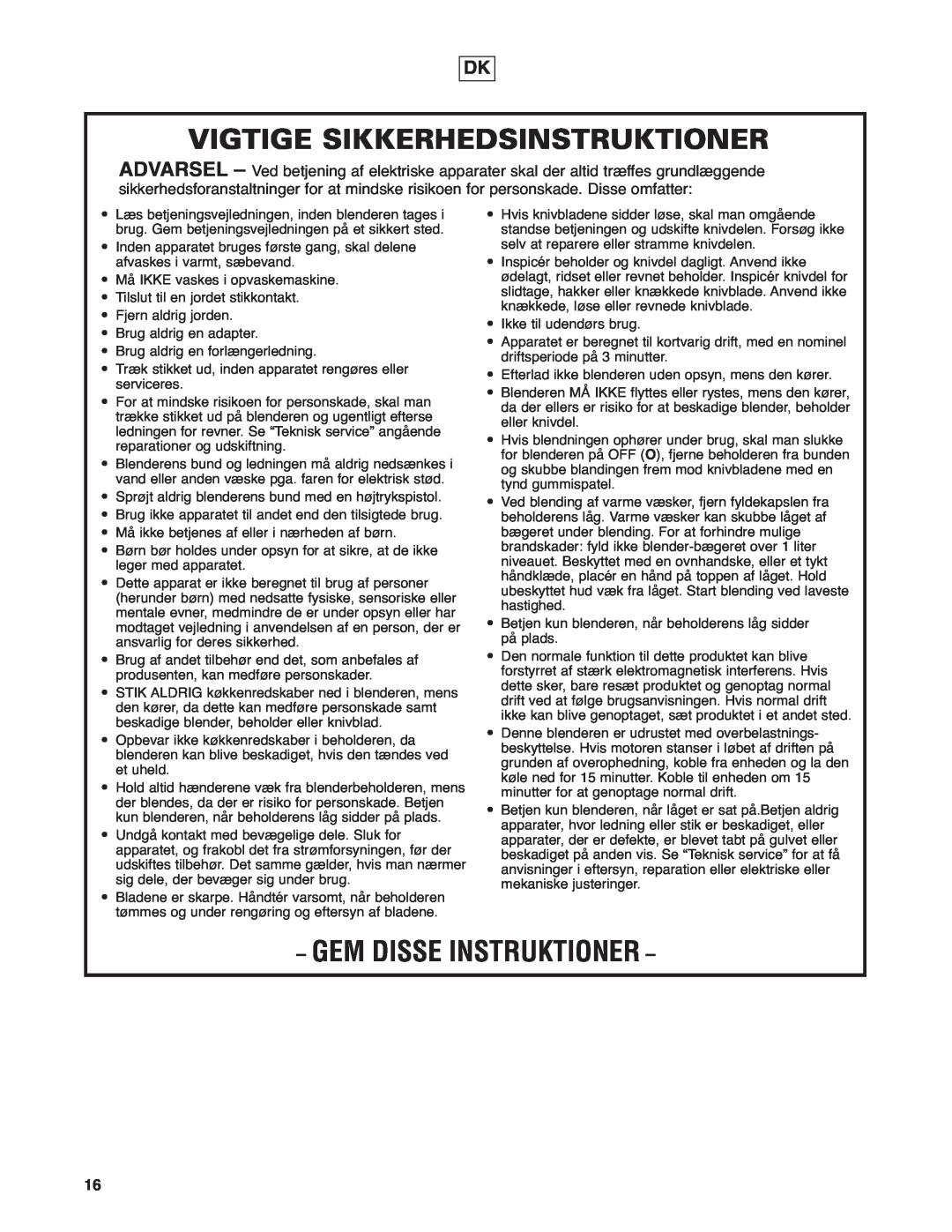 Hamilton Beach HBF400 operation manual Vigtige Sikkerhedsinstruktioner, Gem Disse Instruktioner 