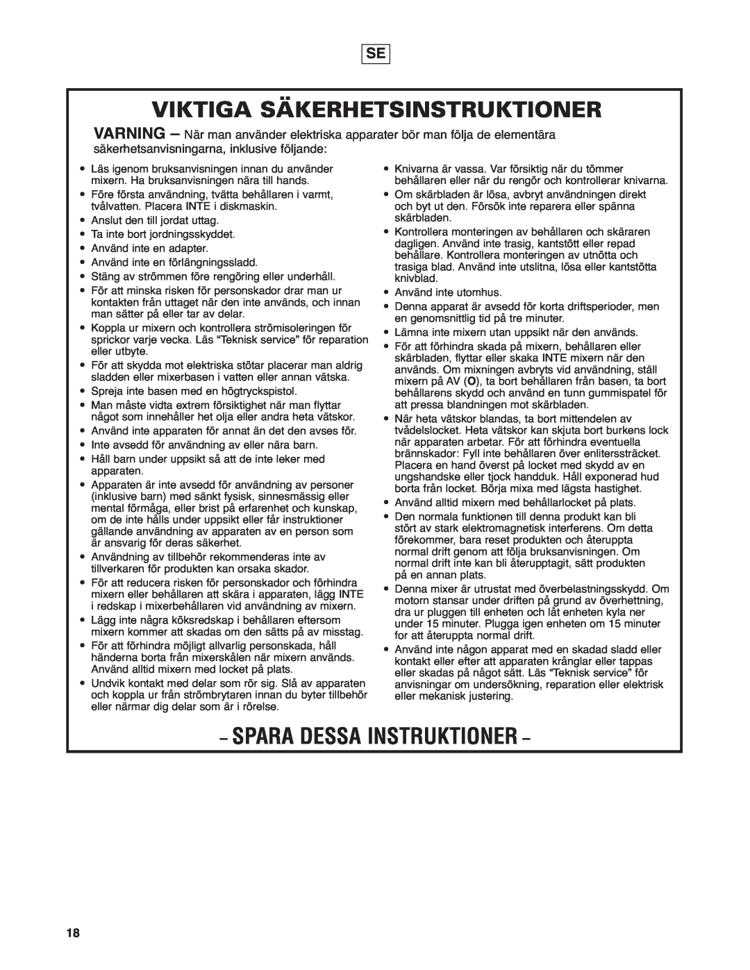 Hamilton Beach HBF400 operation manual Viktiga Säkerhetsinstruktioner, Spara Dessa Instruktioner 