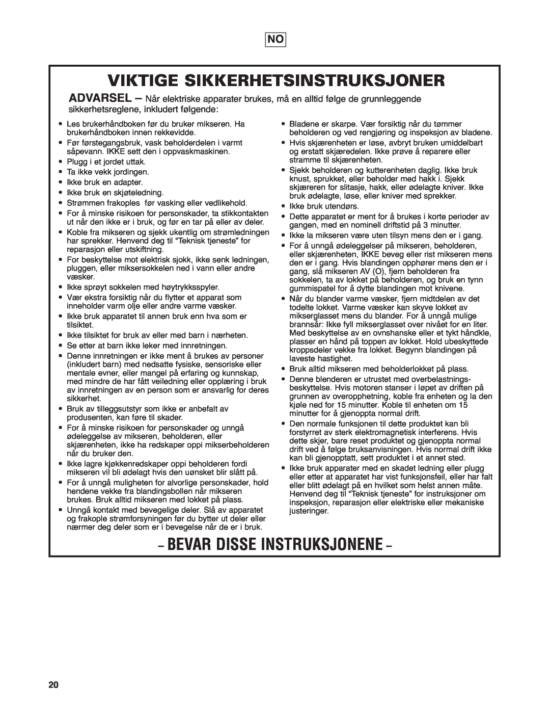 Hamilton Beach HBF400 Viktige Sikkerhetsinstruksjoner, Bevar Disse Instruksjonene, sikkerhetsreglene, inkludert følgende 