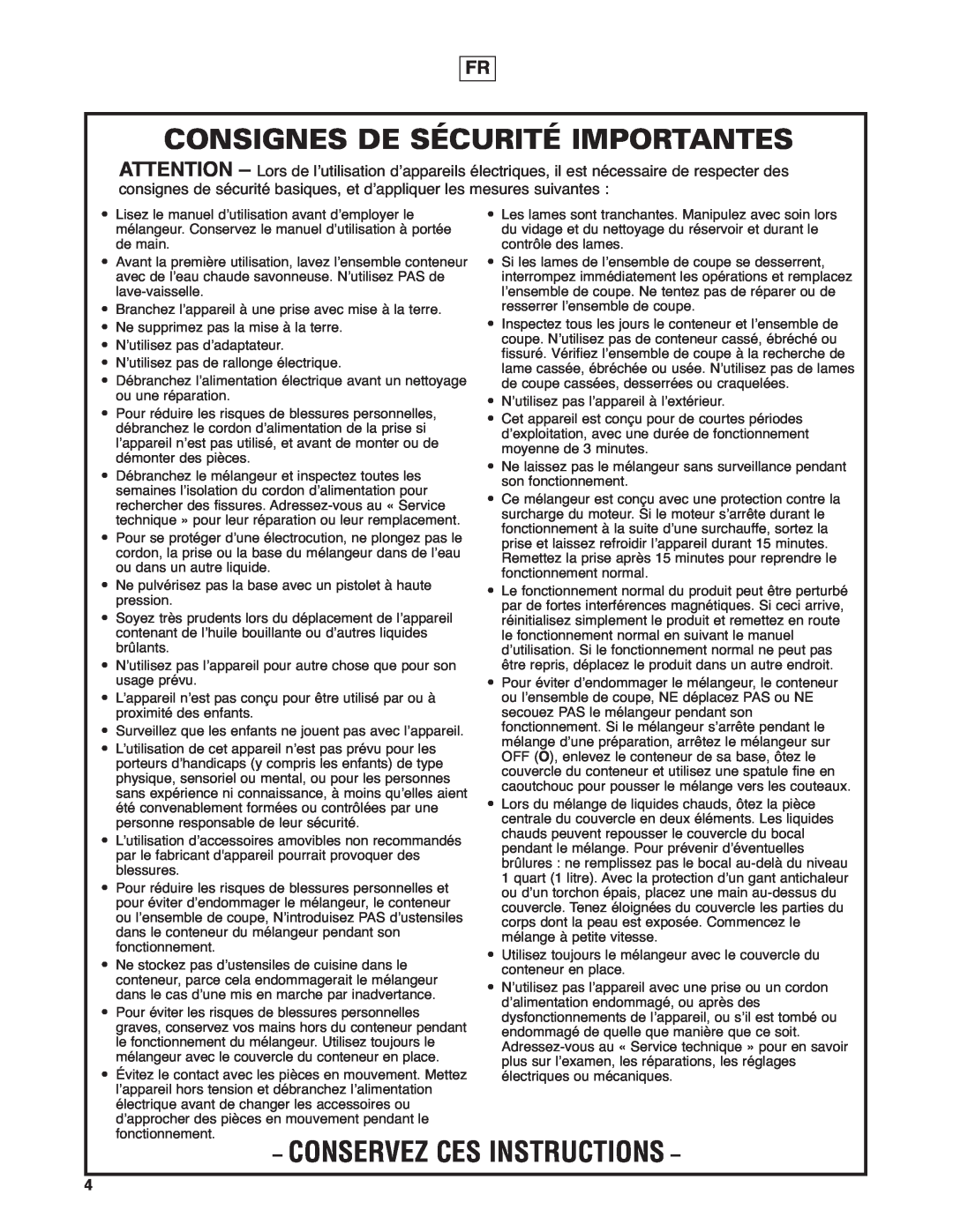 Hamilton Beach HBF400 operation manual Consignes De Sécurité Importantes, Conservez Ces Instructions 