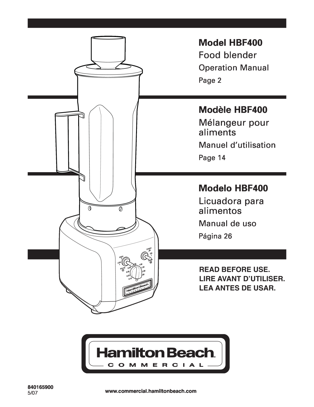 Hamilton Beach HBF400 operation manual 