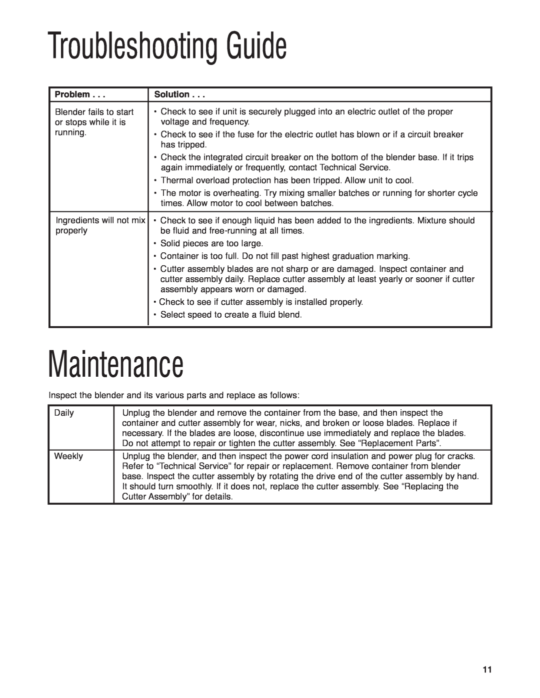 Hamilton Beach HBF400 manuel dutilisation Troubleshooting Guide, Maintenance, Problem, Solution 