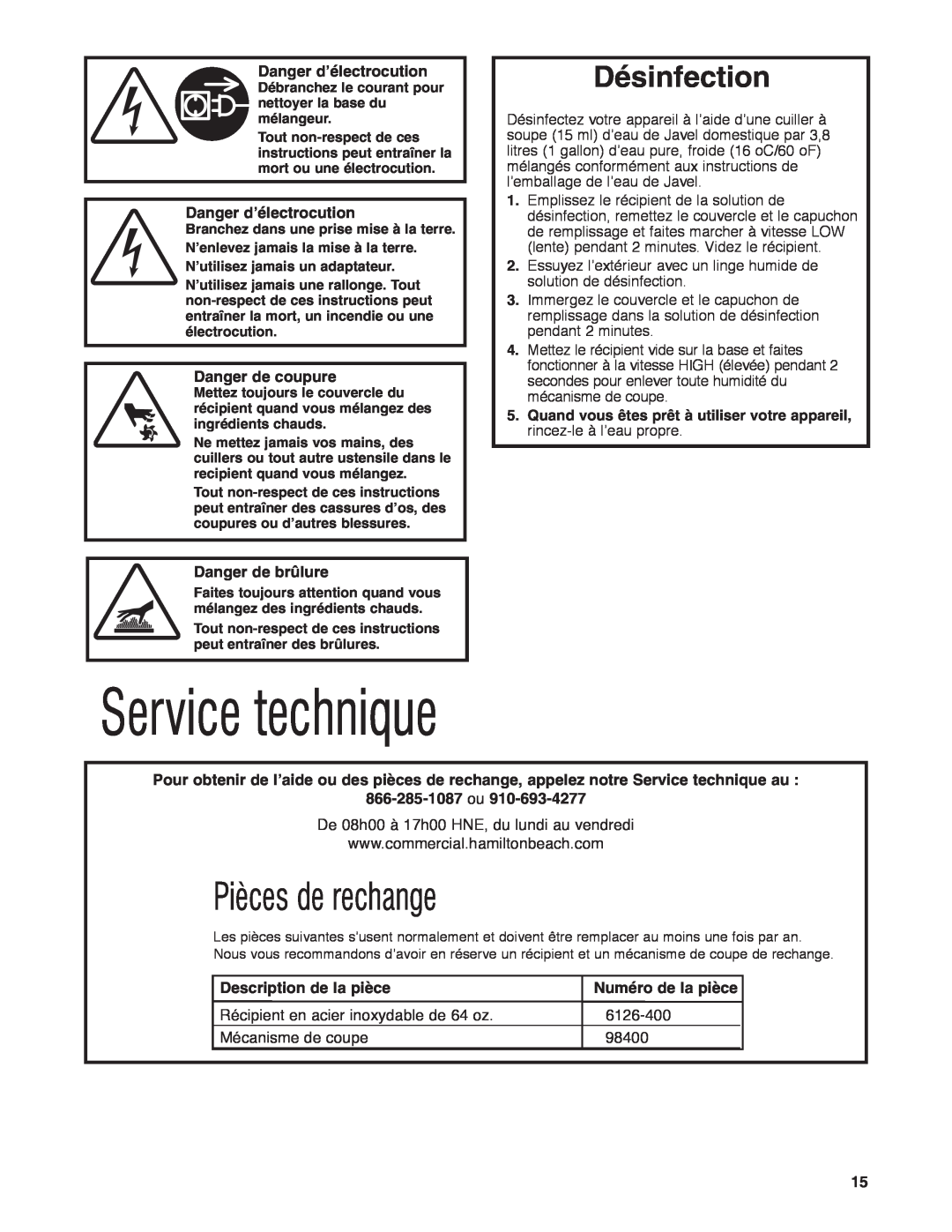 Hamilton Beach HBF400 Service technique, Pièces de rechange, Désinfection, Danger d’électrocution, Danger de coupure 