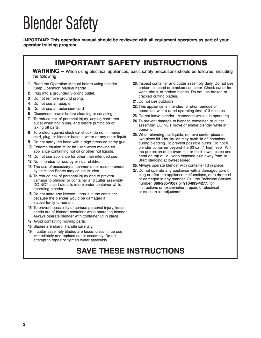 Hamilton Beach HBF400 manuel dutilisation Blender Safety, Important Safety Instructions, Save These Instructions 