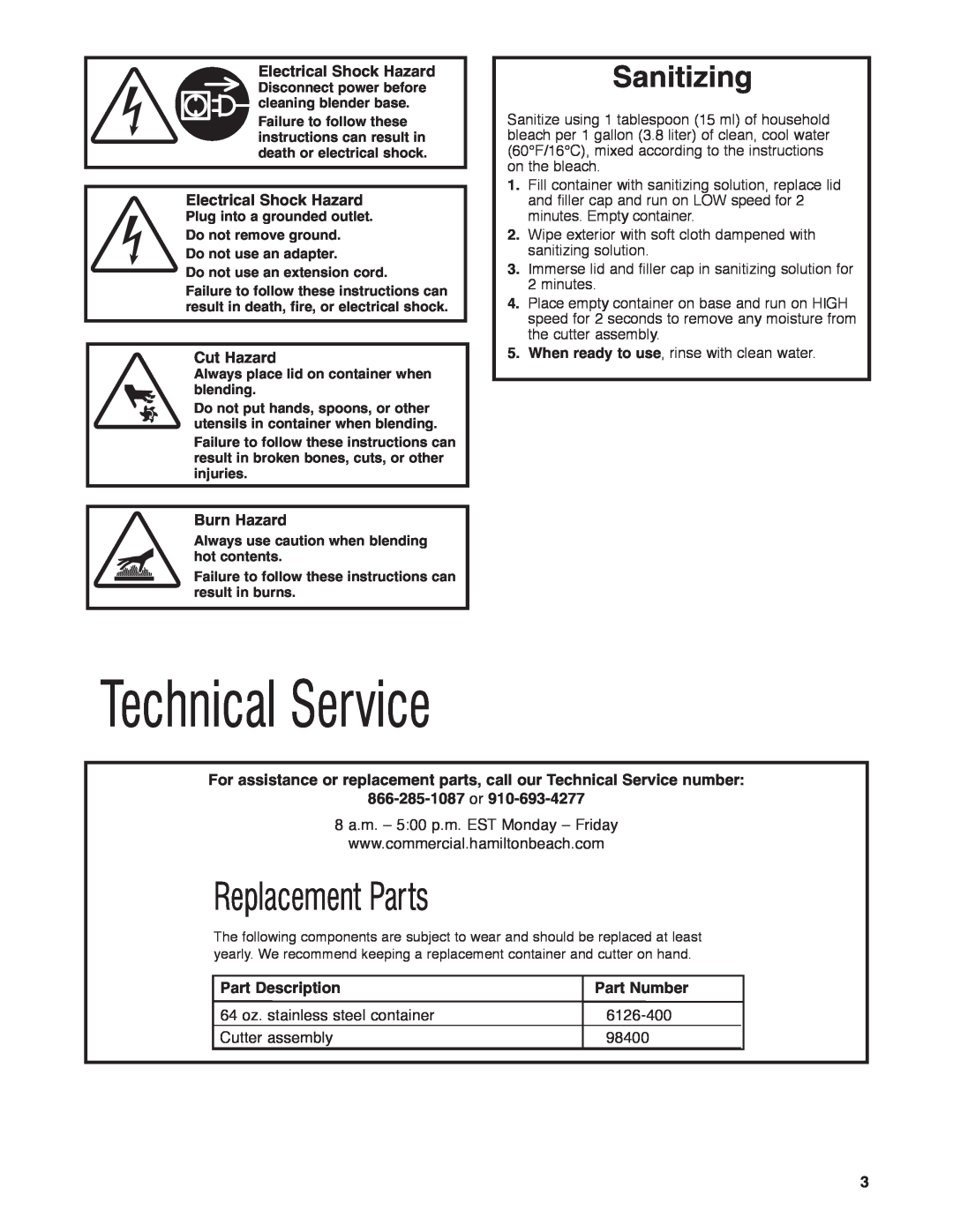 Hamilton Beach HBF400 Technical Service, Replacement Parts, Sanitizing, Electrical Shock Hazard, Cut Hazard, Burn Hazard 