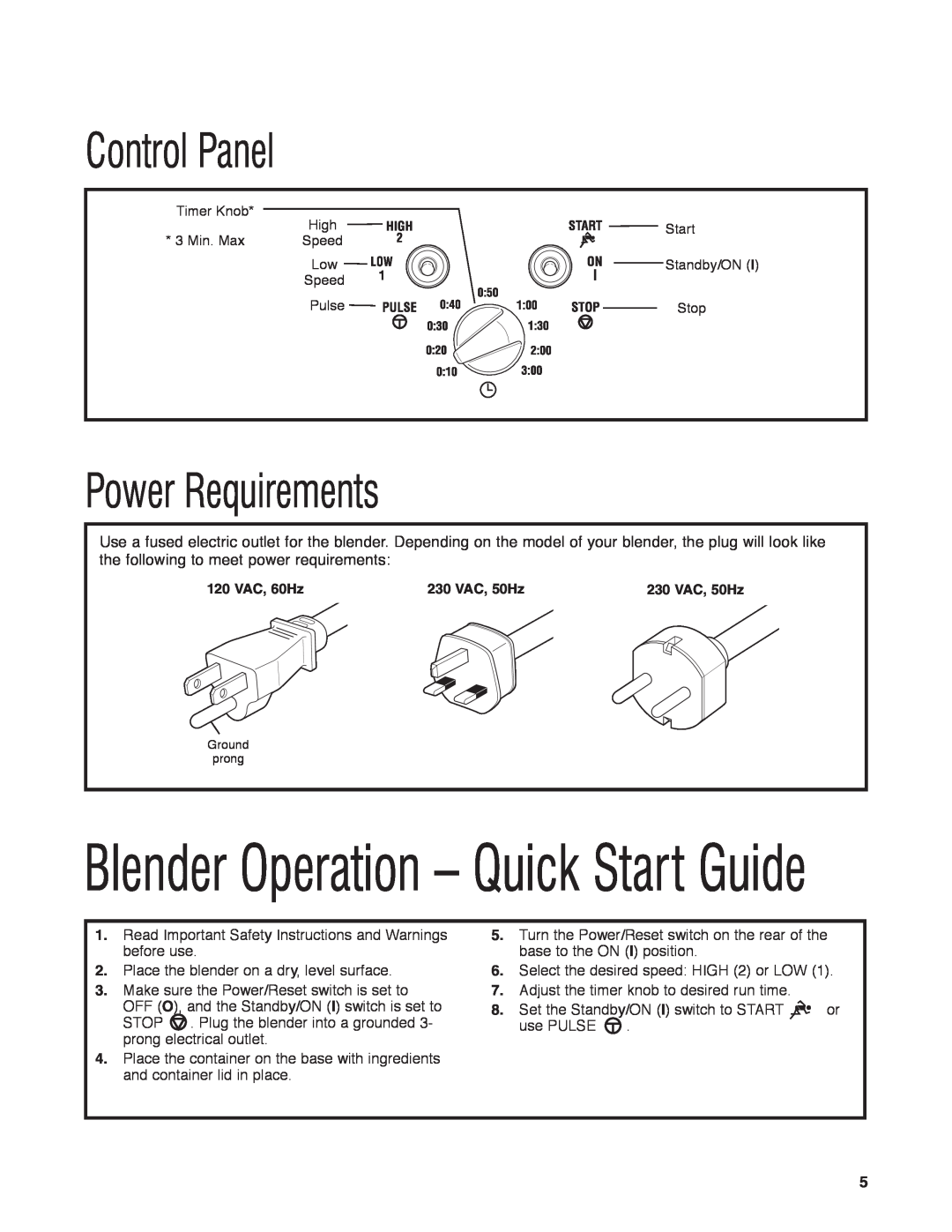 Hamilton Beach HBF400 manuel dutilisation Control Panel, Power Requirements, Blender Operation - Quick Start Guide 