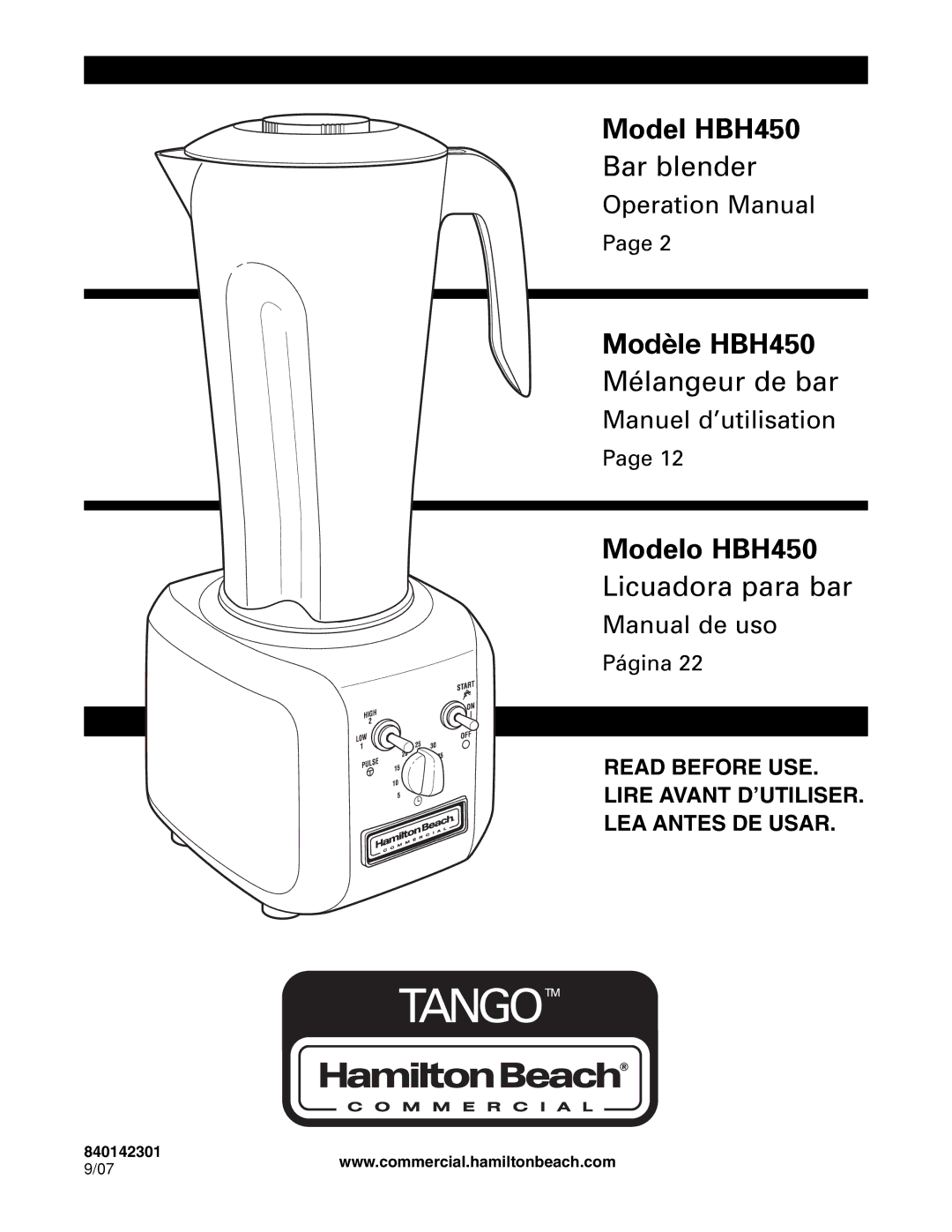 Hamilton Beach manuel dutilisation Model HBH450 