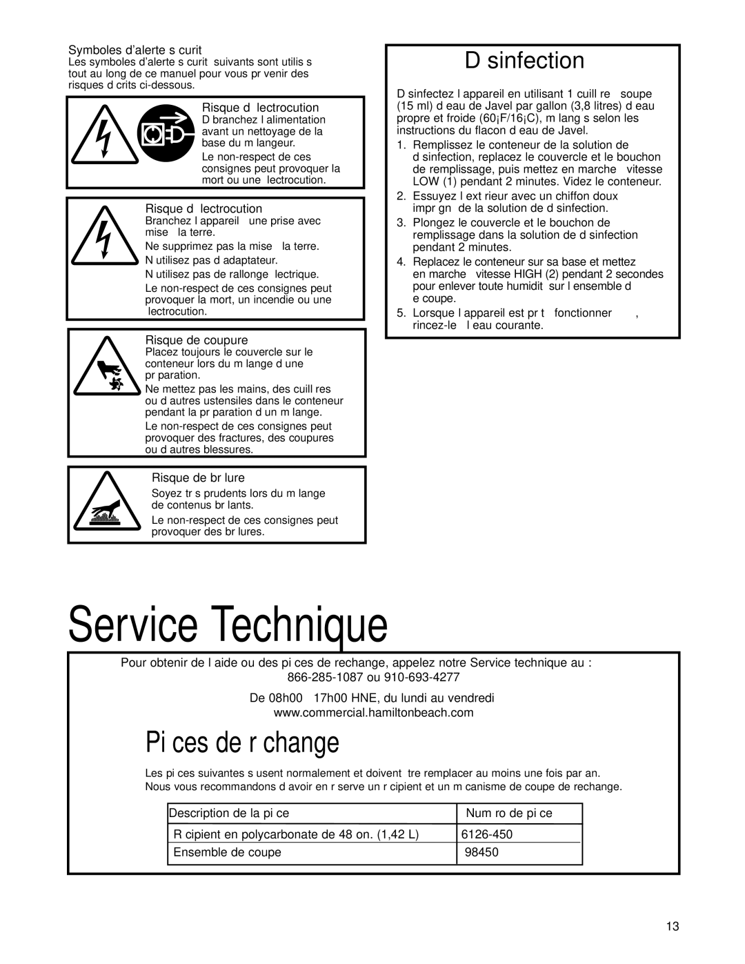 Hamilton Beach HBH450 manuel dutilisation Service Technique, Symboles dalerte sécurité 