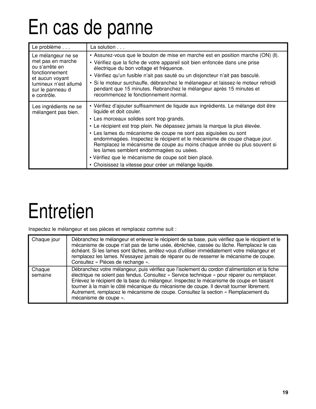 Hamilton Beach HBH450 manuel dutilisation En cas de panne, Entretien 