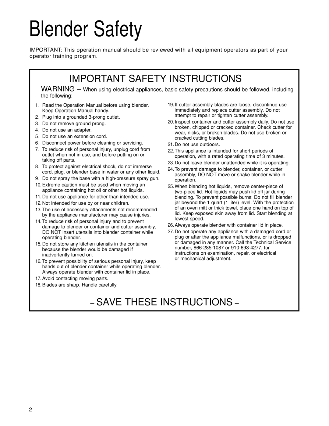 Hamilton Beach HBH450 manuel dutilisation Blender Safety, Important Safety Instructions 