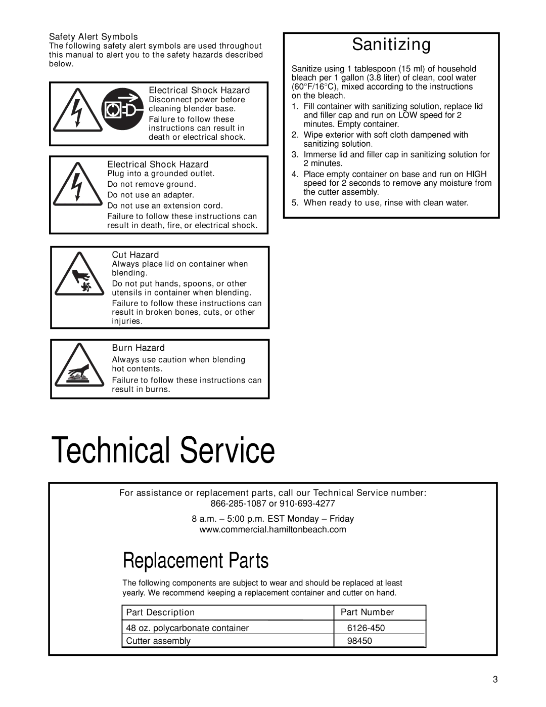 Hamilton Beach HBH450 manuel dutilisation Technical Service, Safety Alert Symbols 