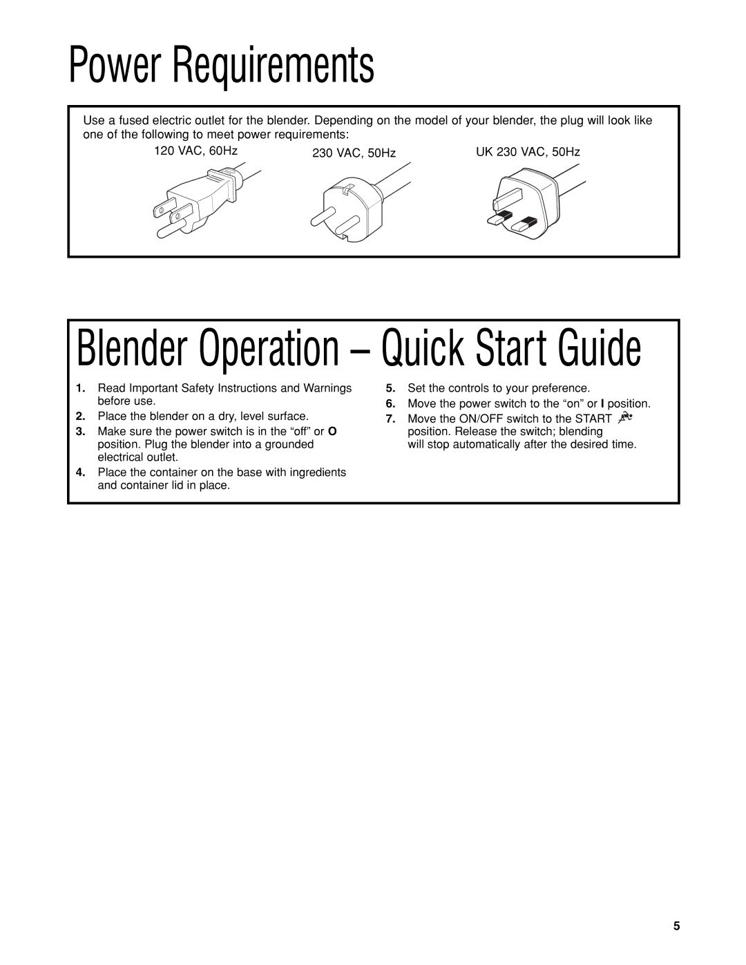 Hamilton Beach HBH450 manuel dutilisation Power Requirements, Blender Operation Quick Start Guide 