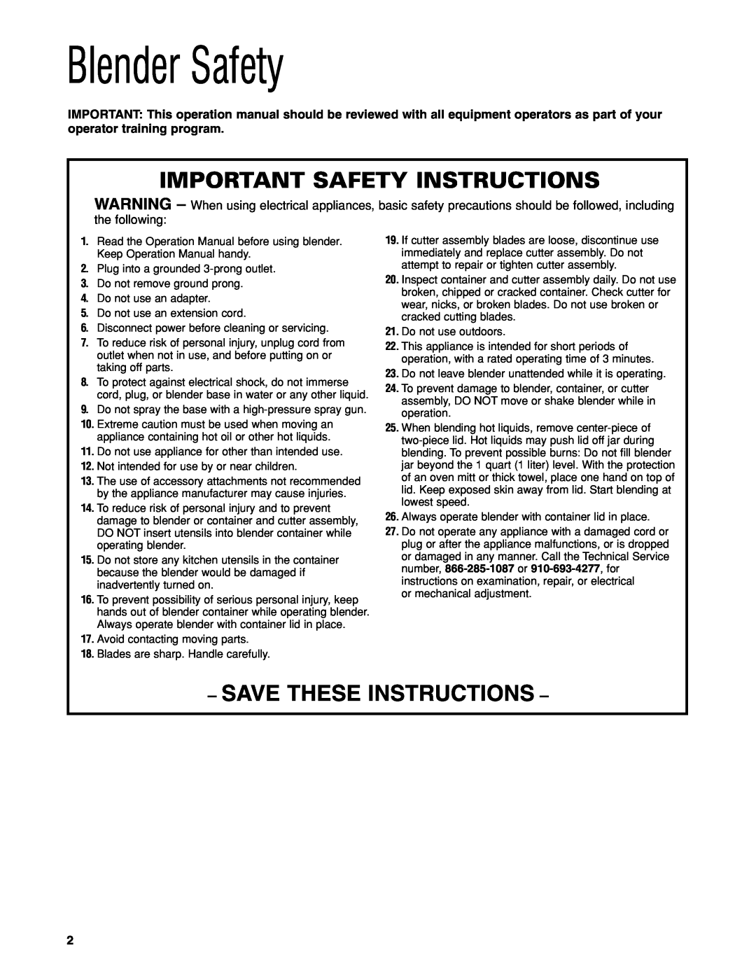 Hamilton Beach HBH450 manuel dutilisation Blender Safety, Important Safety Instructions, Save These Instructions 