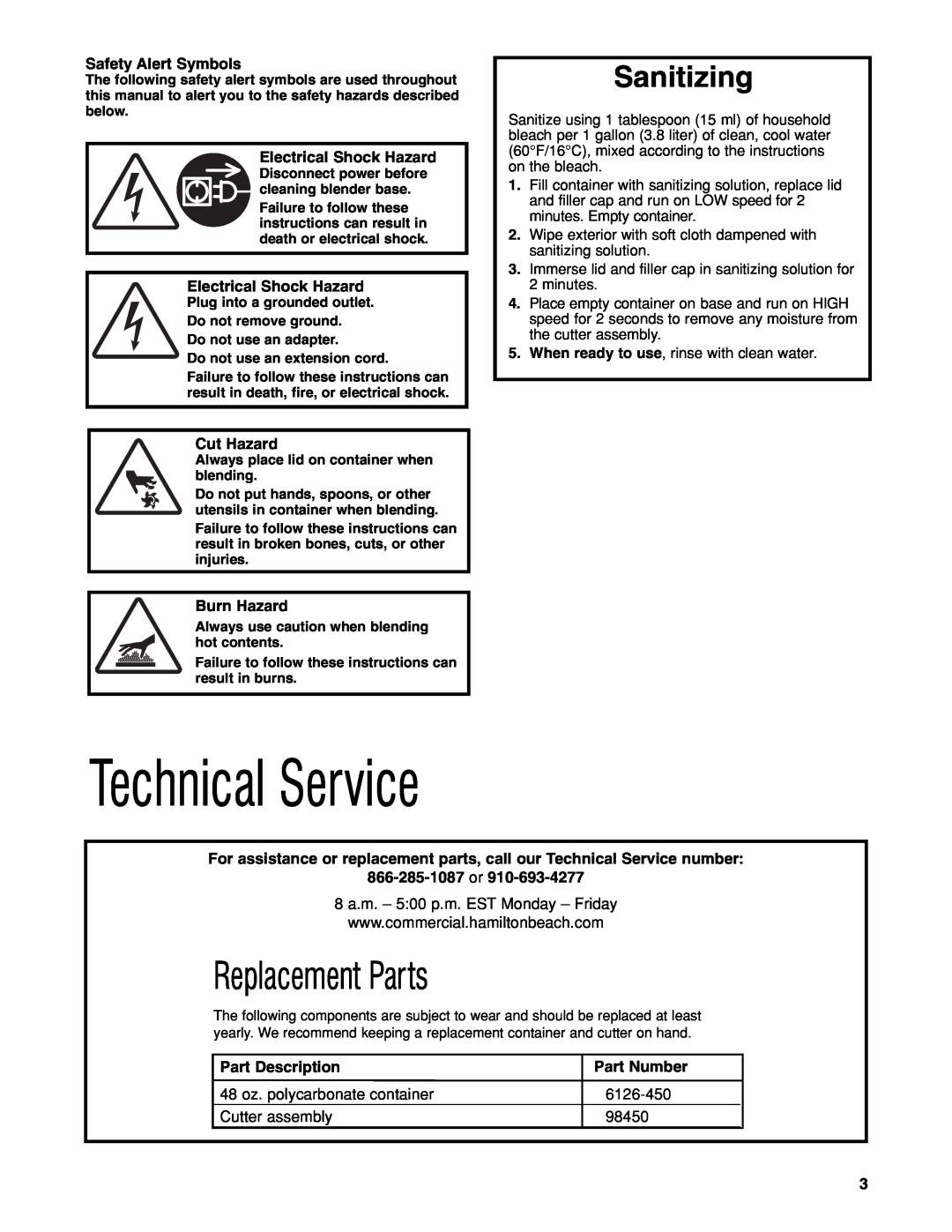 Hamilton Beach HBH450 Technical Service, Replacement Parts, Sanitizing, Safety Alert Symbols, Electrical Shock Hazard 