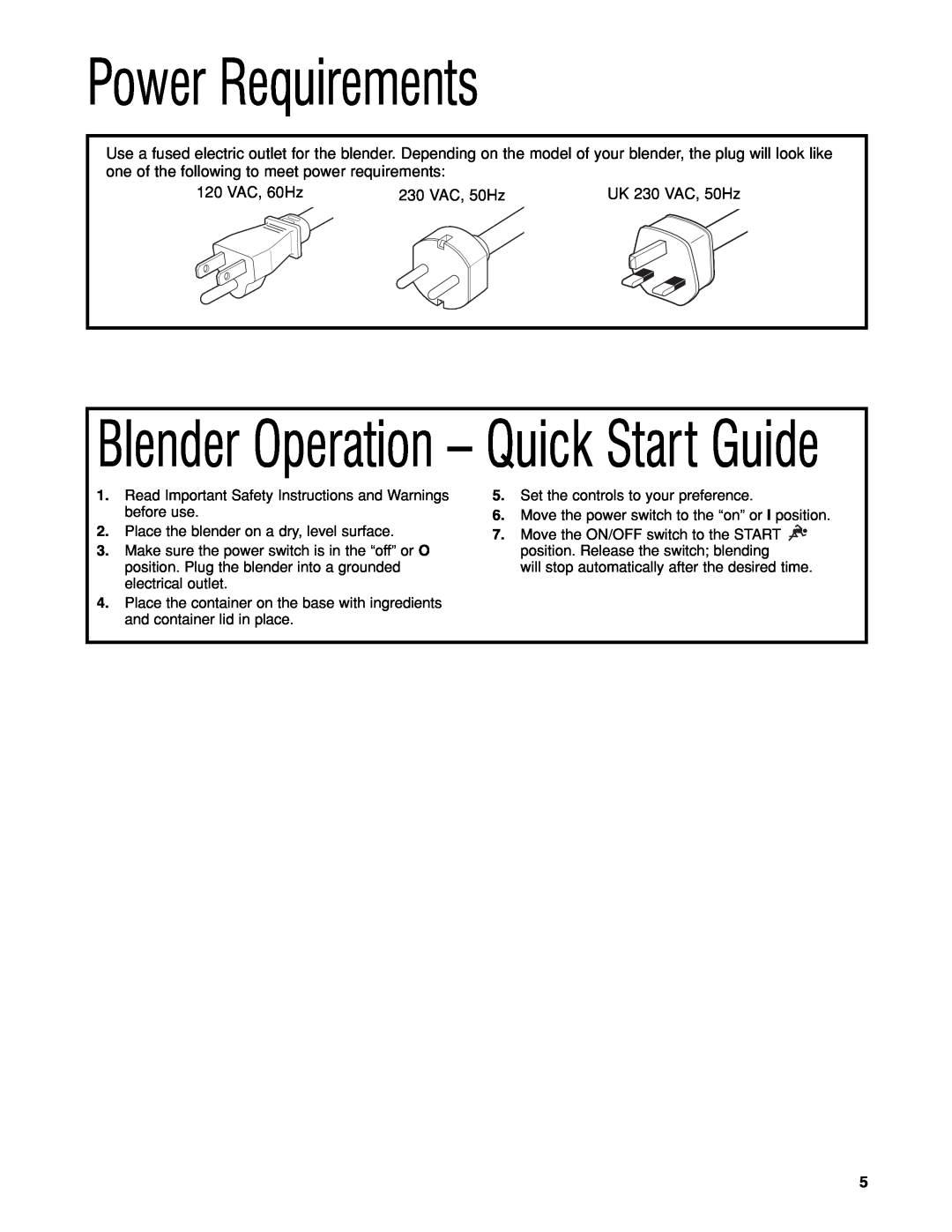 Hamilton Beach HBH450 manuel dutilisation Power Requirements, Blender Operation - Quick Start Guide 