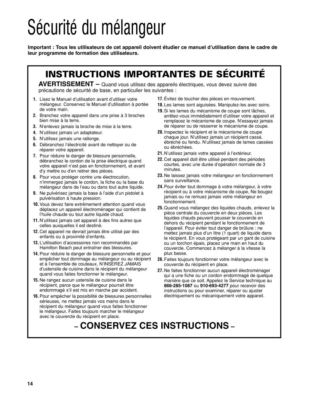 Hamilton Beach HBH650 manuel dutilisation Sécurité du mélangeur, Instructions Importantes DE Sécurité 