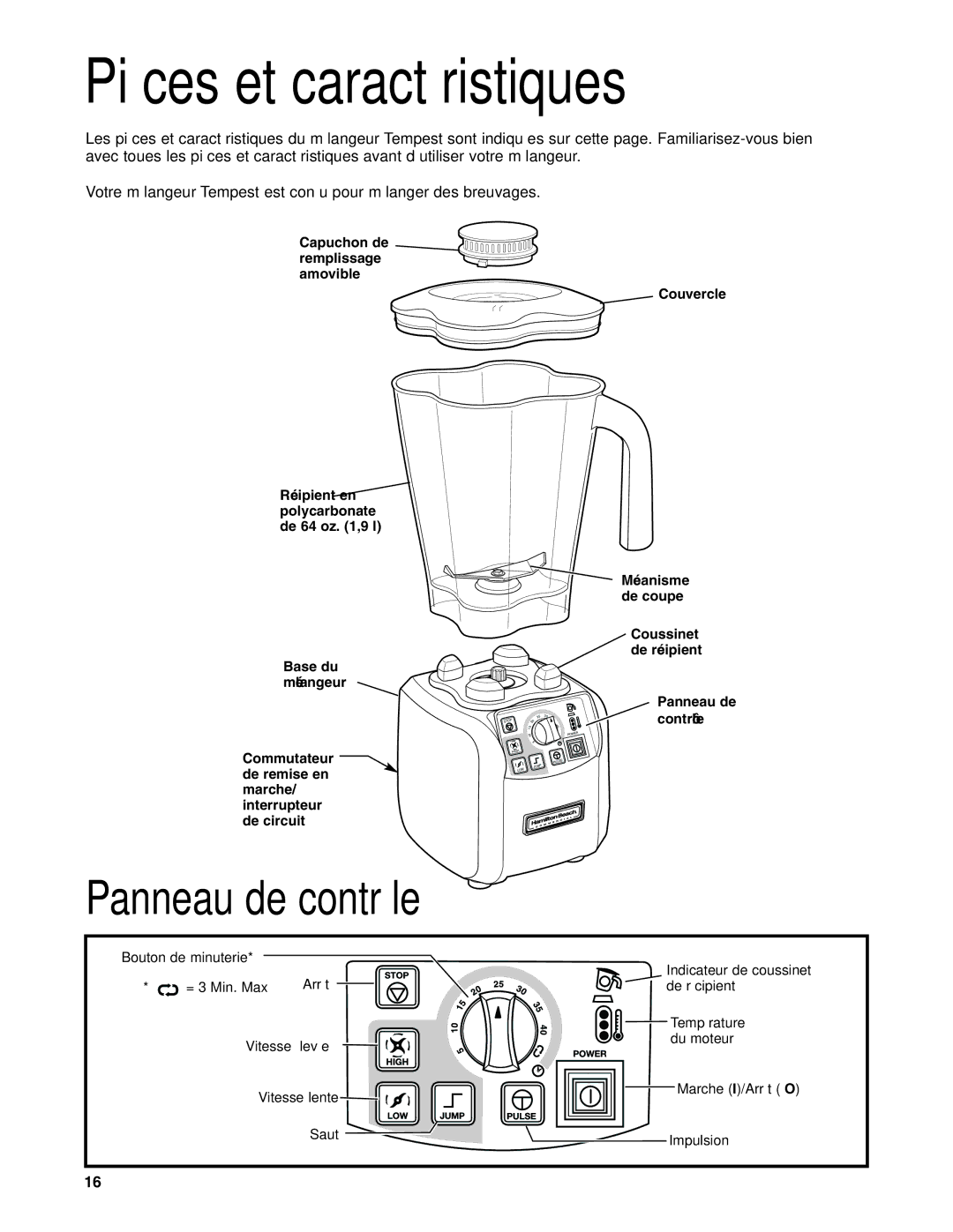 Hamilton Beach HBH650 manuel dutilisation Pièces et caractéristiques, Panneau de contrôle 