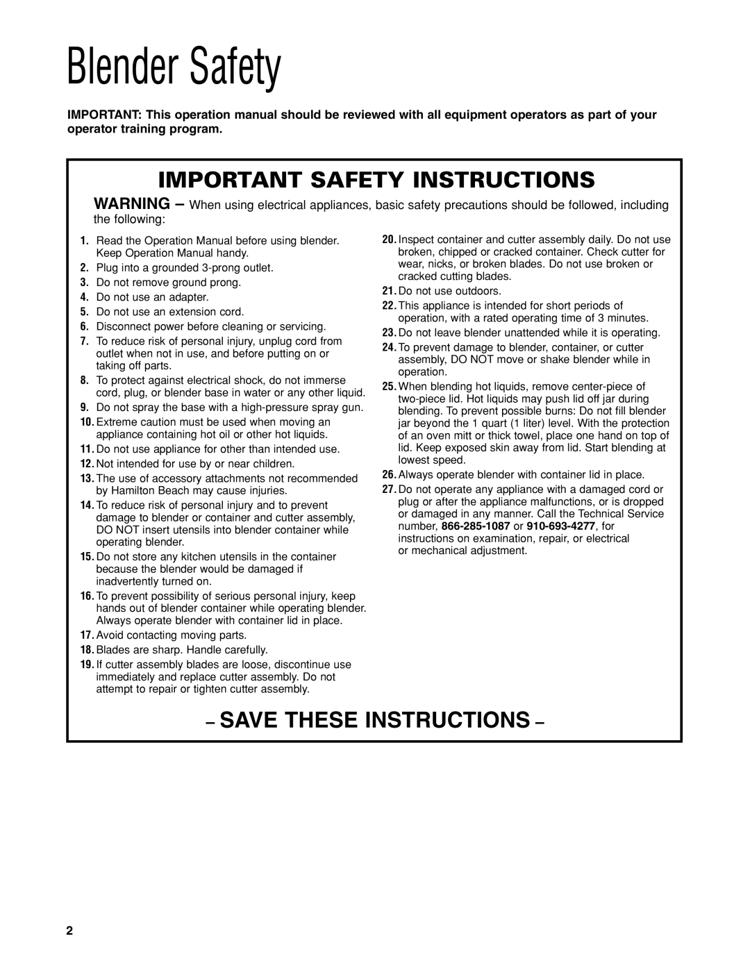 Hamilton Beach HBH650 manuel dutilisation Blender Safety, Important Safety Instructions 