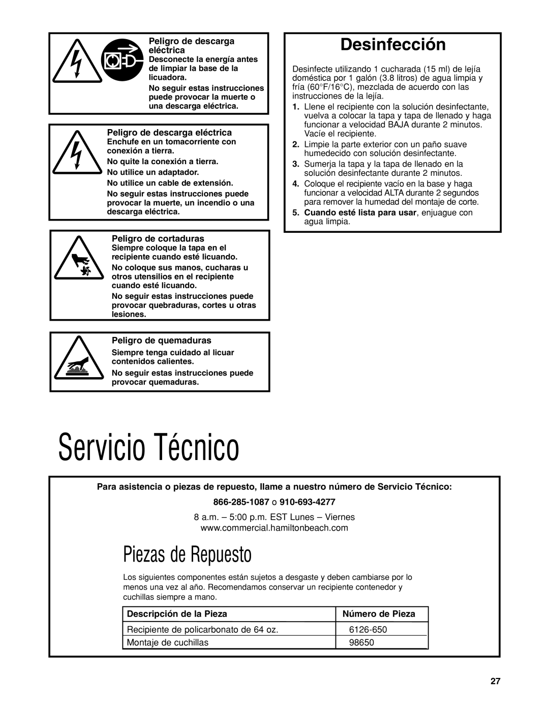 Hamilton Beach HBH650 manuel dutilisation Servicio Técnico, Peligro de descarga eléctrica 