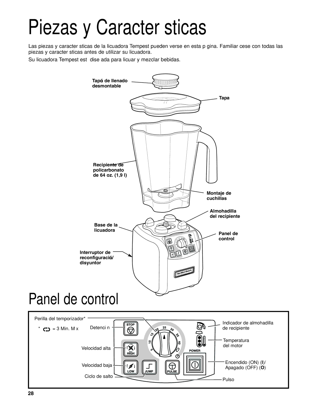 Hamilton Beach HBH650 manuel dutilisation Piezas y Características, Panel de control 