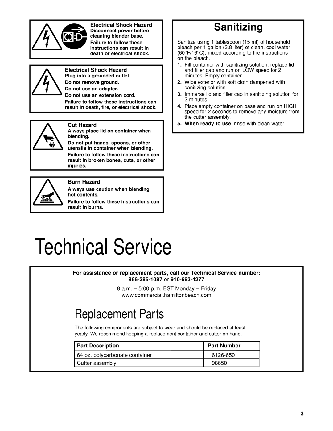 Hamilton Beach HBH650 manuel dutilisation Technical Service, Electrical Shock Hazard 