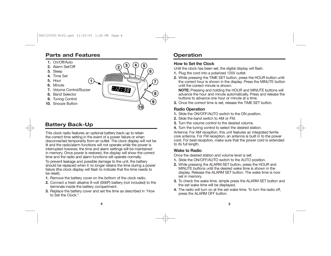 Hamilton Beach HCR329 manual Parts and Features, Battery Back-Up, Operation 