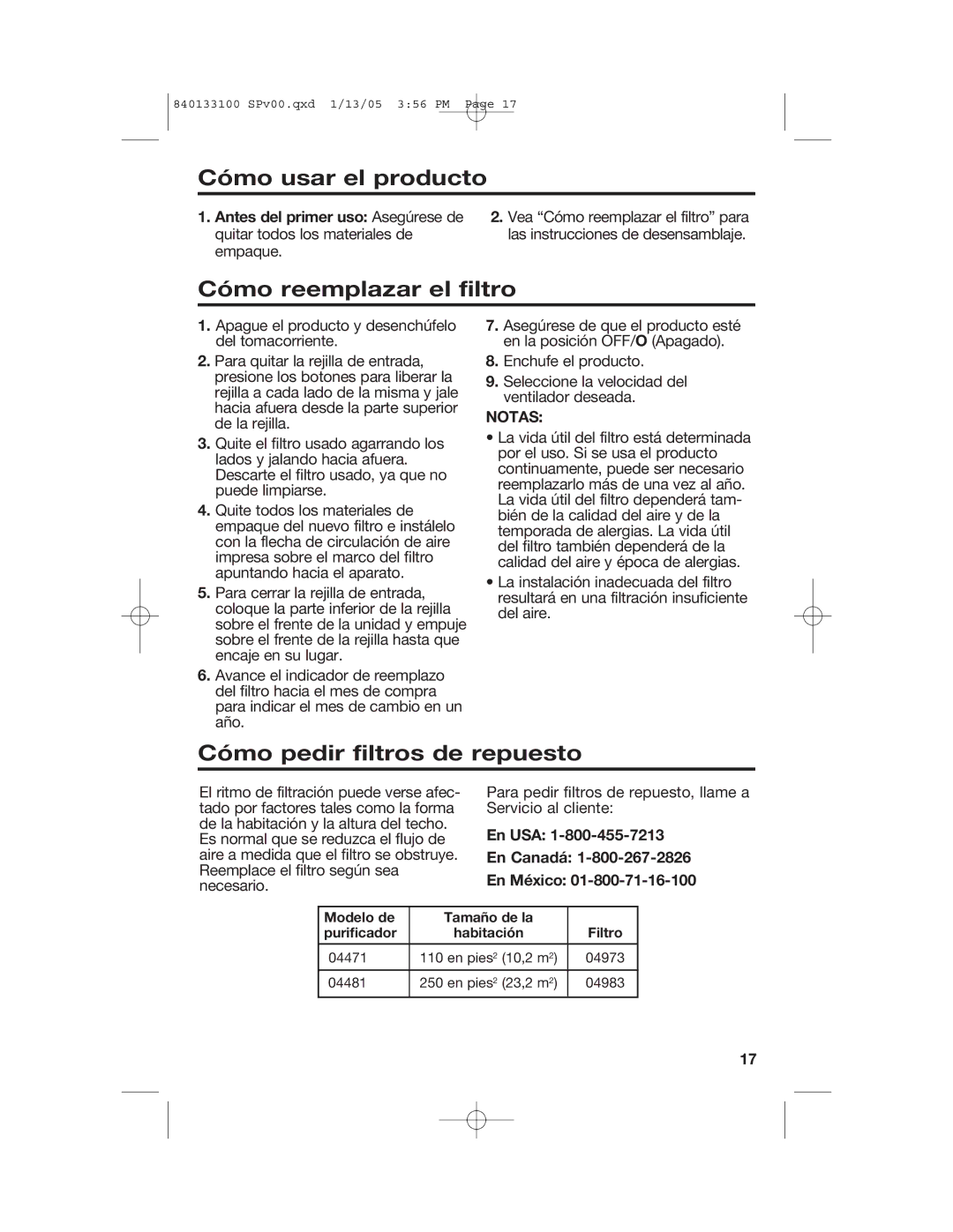 Hamilton Beach HEPA manual Cómo usar el producto, Cómo reemplazar el filtro, Cómo pedir filtros de repuesto, Notas 