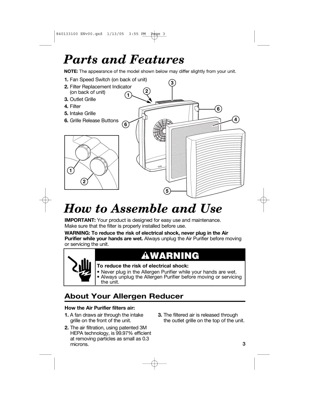 Hamilton Beach HEPA manual Parts and Features, How to Assemble and Use, About Your Allergen Reducer 