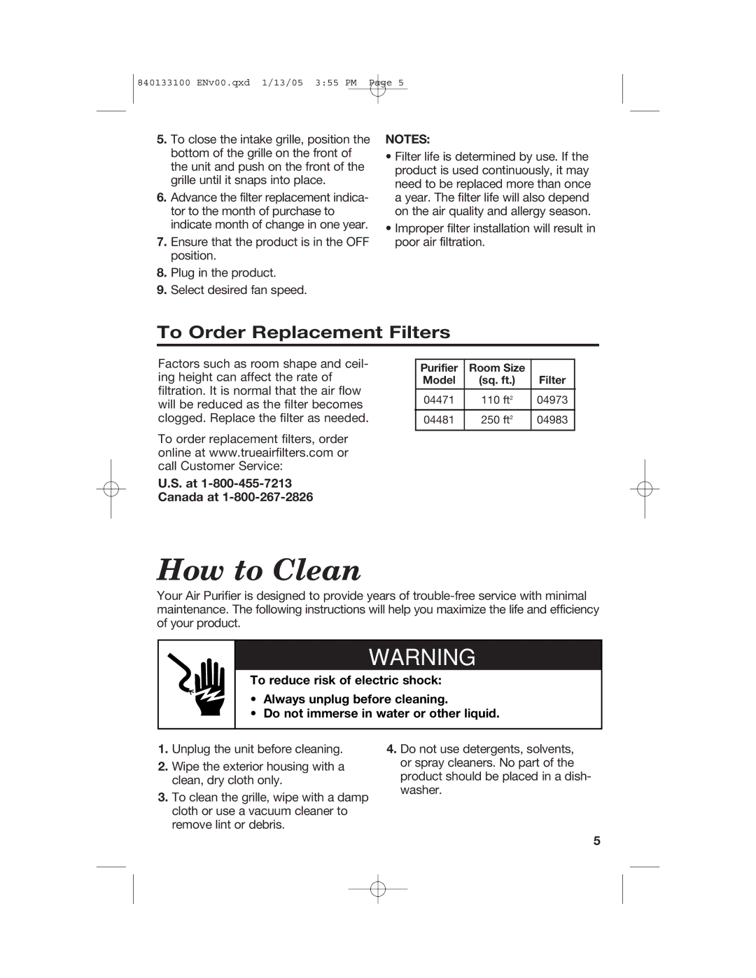 Hamilton Beach HEPA manual How to Clean, To Order Replacement Filters, Canada at 