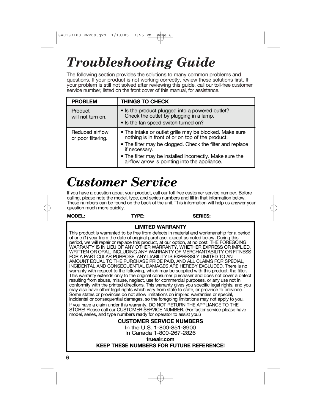 Hamilton Beach HEPA manual Troubleshooting Guide, Customer Service, Problem Things to Check, Limited Warranty 