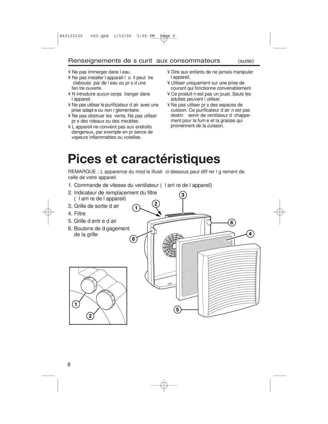 Hamilton Beach HEPA manual Pièces et caractéristiques, Renseignements de sécurité aux consommateurs suite 