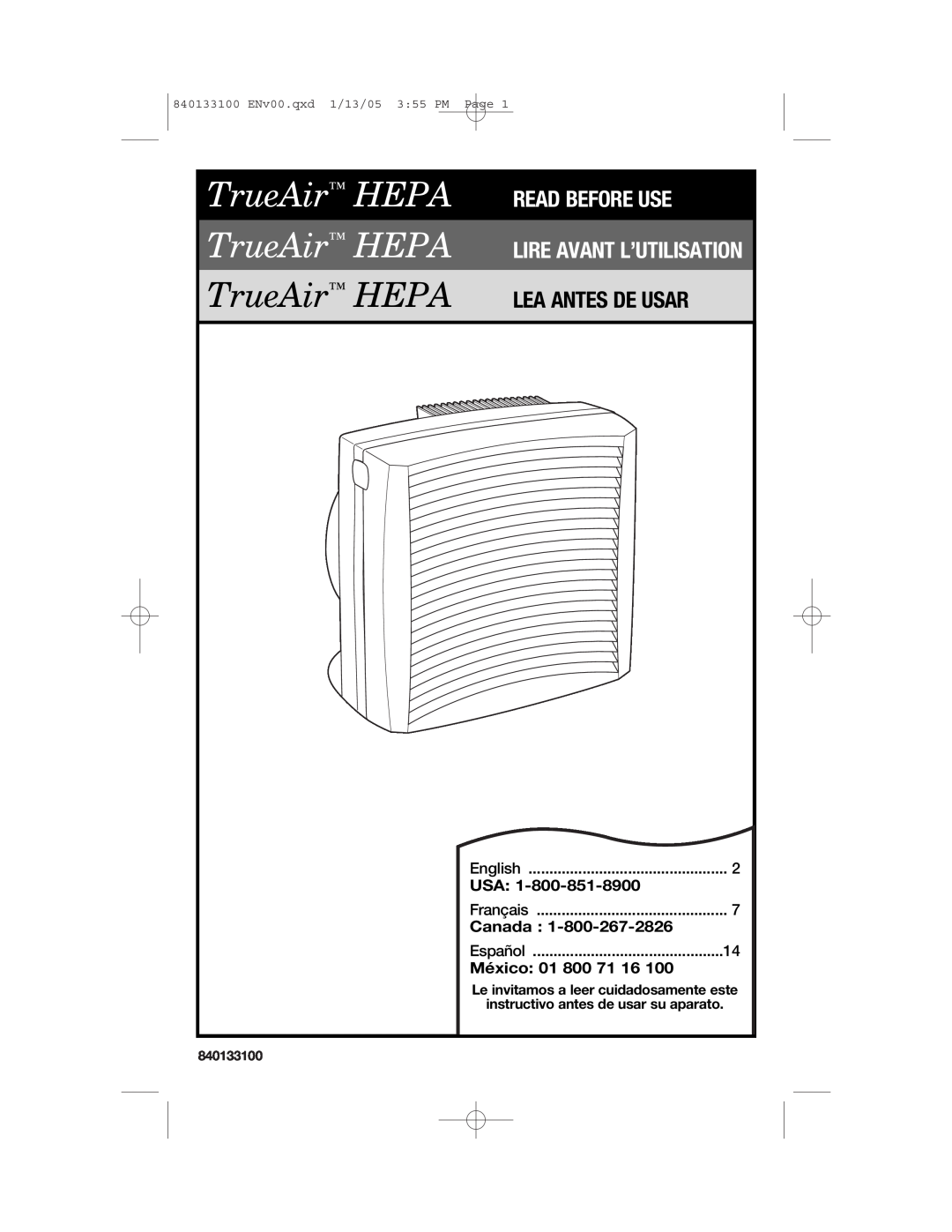 Hamilton Beach manual Canada, México 01, TrueAir HEPA, Read Before Use, Lea Antes De Usar, Lire Avant L’Utilisation 