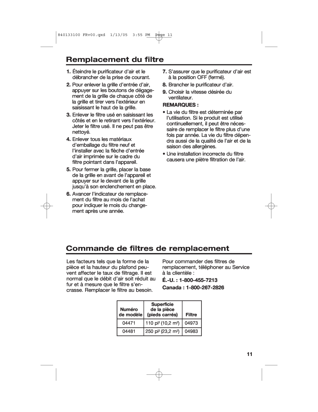 Hamilton Beach HEPA manual Remplacement du filtre, Commande de filtres de remplacement, Remarques, É.-U. Canada 