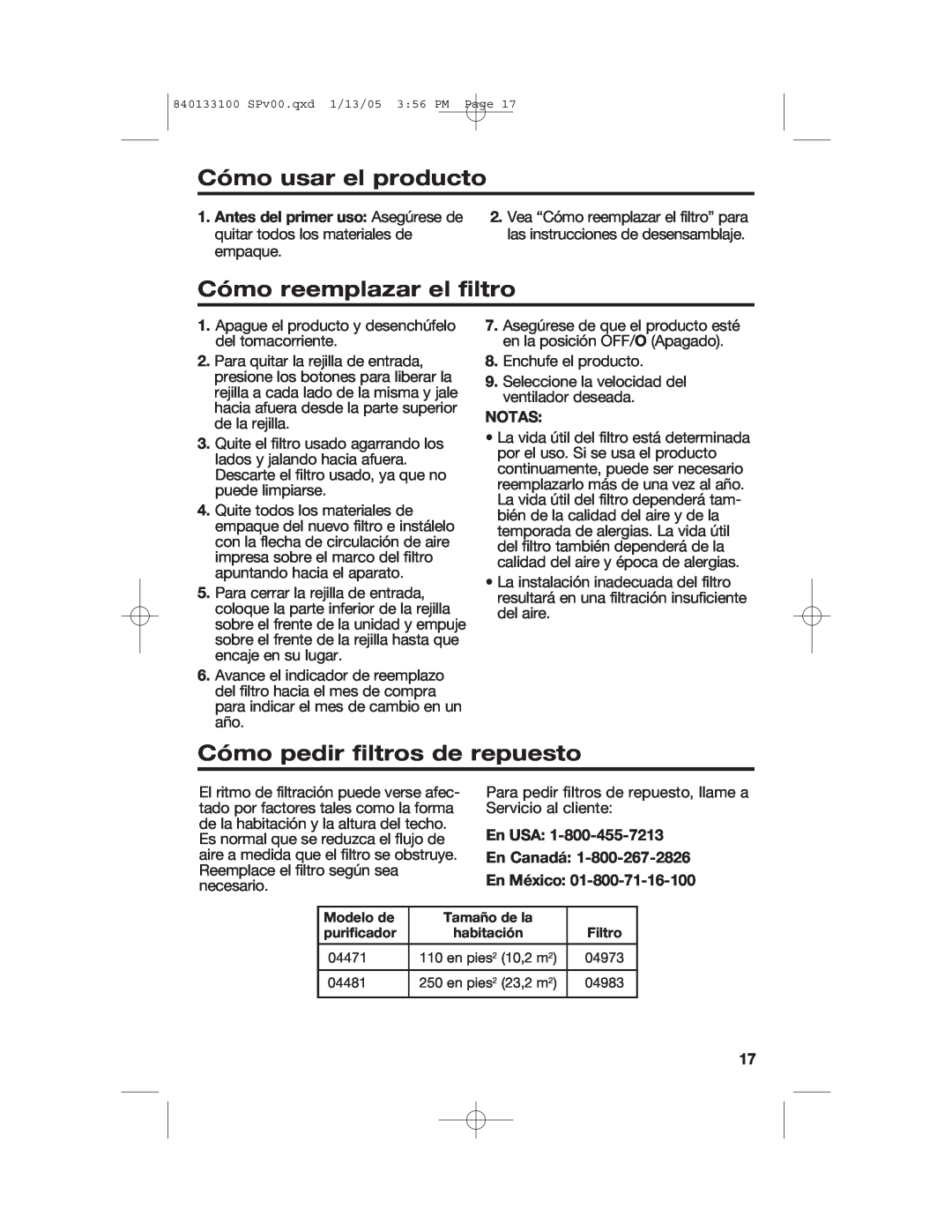 Hamilton Beach HEPA manual Cómo usar el producto, Cómo reemplazar el filtro, Cómo pedir filtros de repuesto, Notas 
