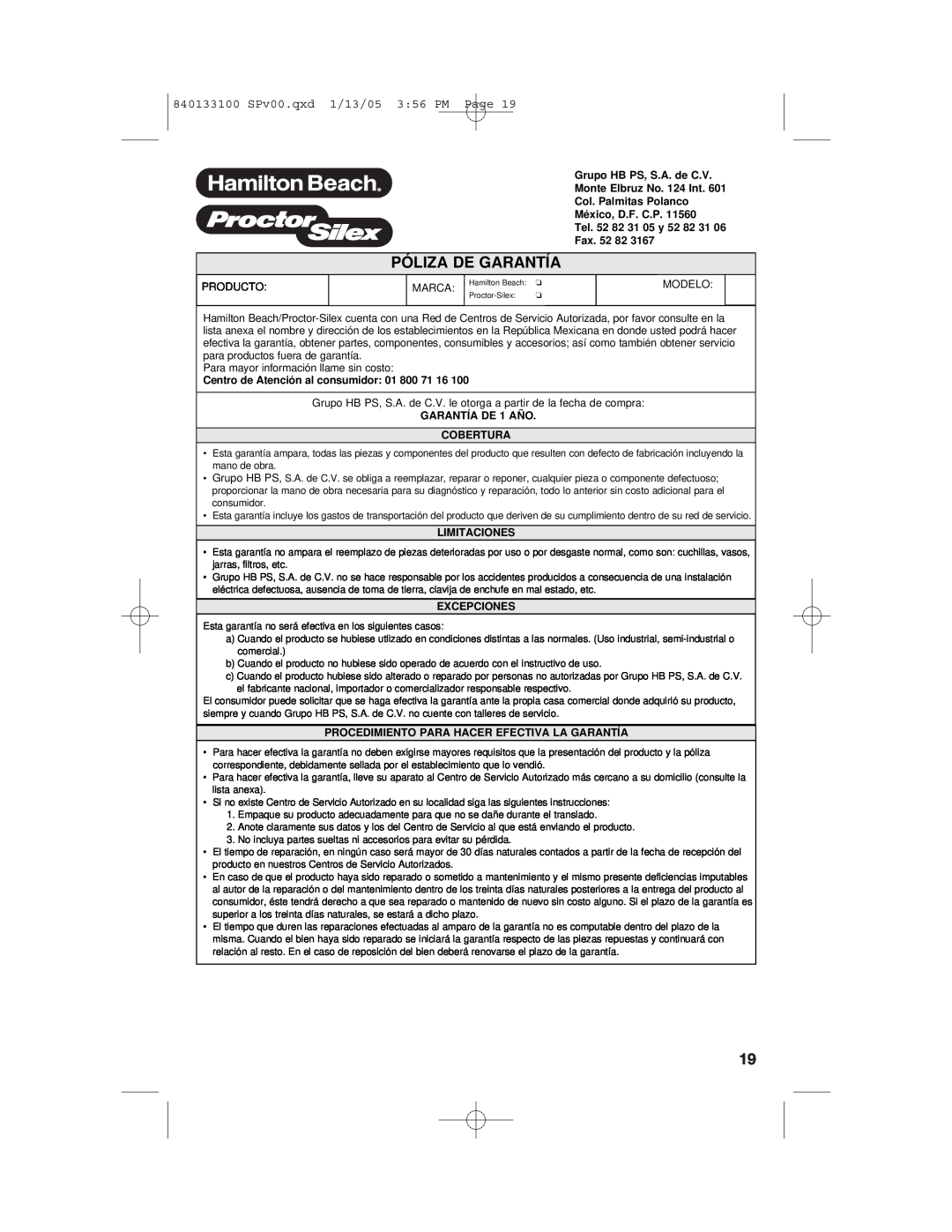 Hamilton Beach HEPA manual Póliza De Garantía, 840133100 SPv00.qxd 1/13/05 3 56 PM Page, Grupo HB PS, S.A. de C.V, Fax 