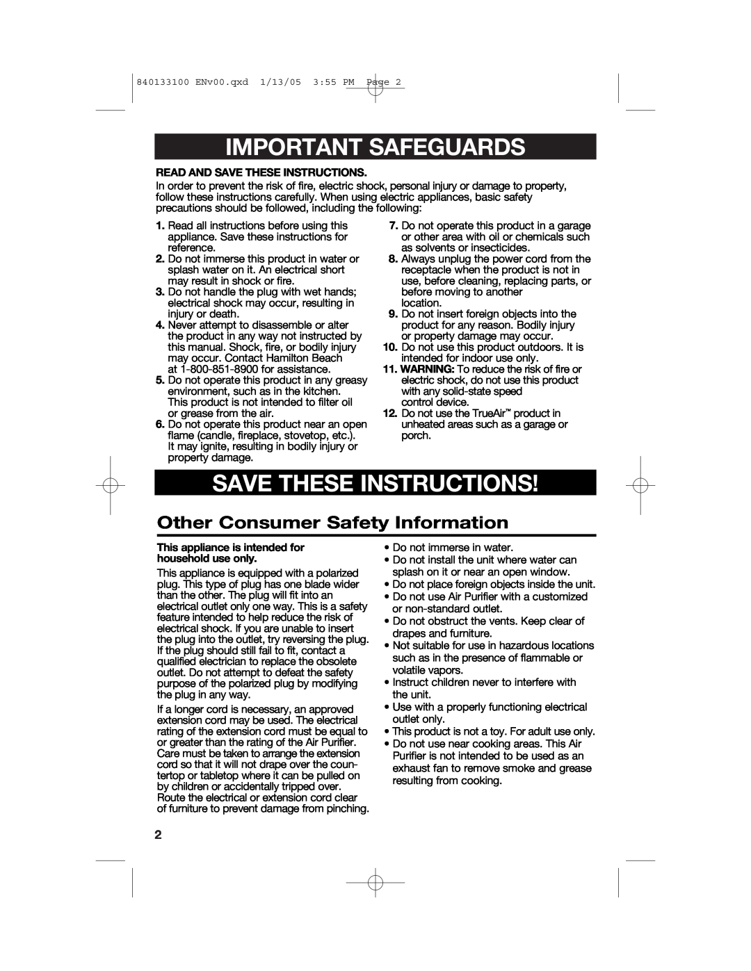 Hamilton Beach HEPA manual Important Safeguards, Save These Instructions, Other Consumer Safety Information 